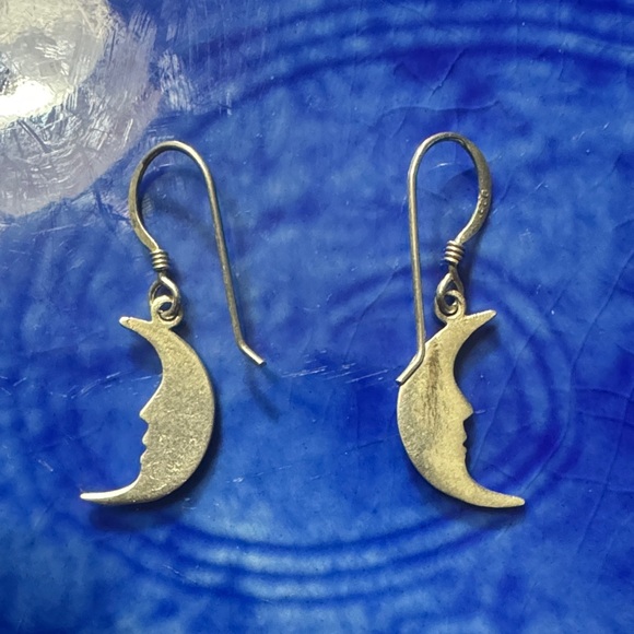 Vintage Sterling Silver Moon Crescent Face Drop Earrings - Picture 4 of 5